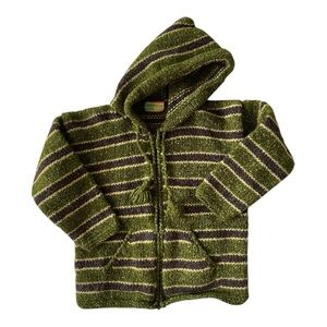 VINTAGE Wool Hoodie Ecuador Striped Kids Sweater Sweatshirt Zip Cotton Green